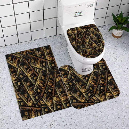 Vista 13 de GUBIYU Juego de alfombras de baño de 100 dólares, color negro y dorado, juego de alfombras de baño con dinero, tapete de baño antideslizante