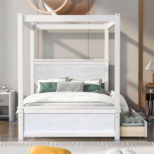 Vista 3 de Cama de plataforma de tamaño matrimonial, cama con dosel de madera con 2 cajones, cama de plataforma con dosel de tamaño matrimonial con listones