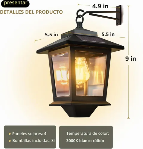 Vista 7 de PASAMIC Paquete de 2 faroles solares de pared, luces colgantes para exteriores con 4 paneles solares, aplique de pared LED del atardecer al Negro