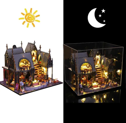 Vista 9 de Mini casa de muñecas de madera 3D con cubierta a prueba de polvo y movimiento de música, kit de casa de muñecas en miniatura y muebles, idea