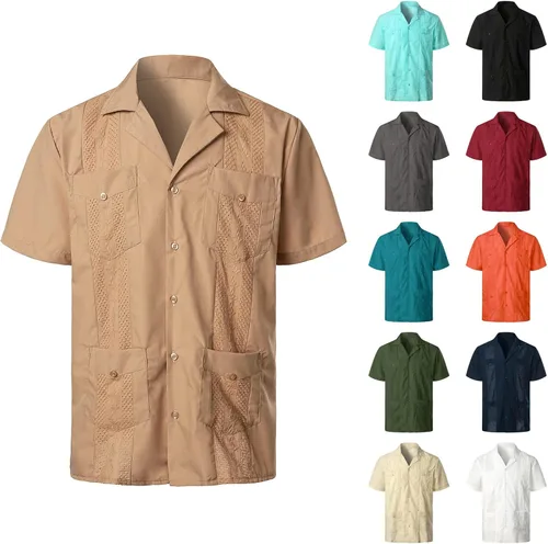 Vista 3 de ZYXTIM Camisas de guayabera cubana para hombre de manga corta, casual, con botones, camisas de verano para la playa, camisas hawaianas con bolsillos