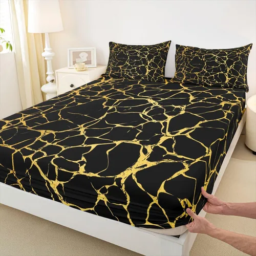 Vista 6 de Erosebridal Sábana bajera ajustable de mármol metálico dorado, tamaño individual, sábanas de cama con purpurina dorada negra, diseño de textura
