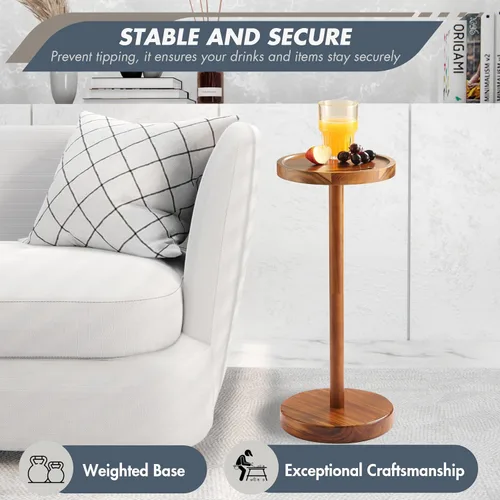 Vista 4 de Mesa auxiliar de pedestal, mesa de bebida de acacia con base pesada, mesa auxiliar redonda pequeña para espacios pequeños con soporte para teléfono