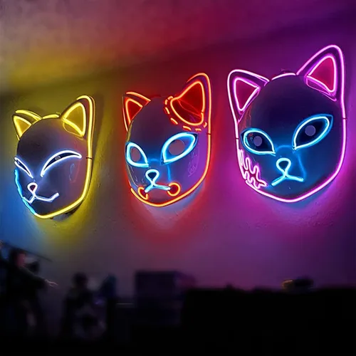Vista 2 de CAFELE 3 máscaras de zorro de Demon Led Slayer, máscara de Halloween, anime japonés, cosplay, máscaras brillantes para fiesta de fiesta de disfraces