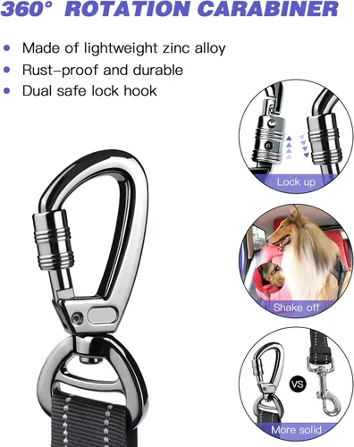 Vista 4 de AUBELL Cinturón de seguridad para perro, 3 en 1, ajustable, reflectante, resistente, arnés de perro con gancho de clip, cierre y hebilla, mosquetón