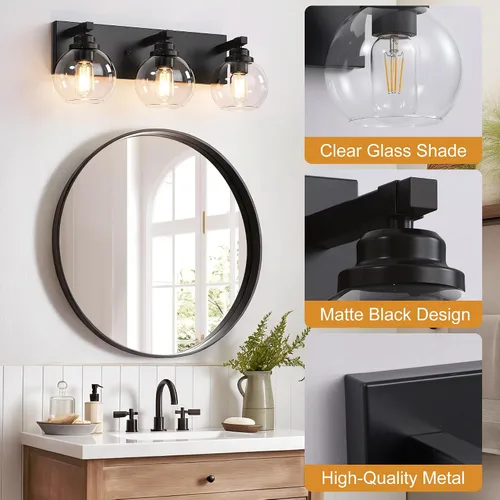 Vista 3 de LmnLvn Lámparas de baño, 3 luces de tocador de color negro mate, modernas lámparas de baño sobre espejo, luces de tocador de granja con pantalla