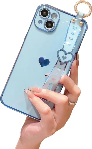 Vista 11 de Lindo corazón de amor para niñas mujeres lujo chapado borde parachoques suave TPU a prueba de golpes caso con soporte de pulsera para iPhone Negro