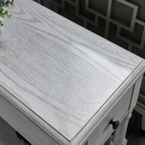 Vista 8 de Mesa auxiliar estrecha de madera maciza con cajón, mesa auxiliar de sofá con estantes de almacenamiento, mesa auxiliar delgada, teléfono