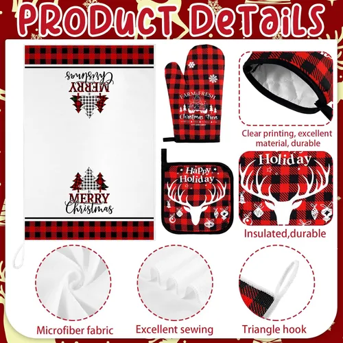 Vista 5 de Bencailor Juego de Cocina Navideño de 6 Piezas Toallas de Cocina con Árbol de Navidad Guantes de Horno y Agarraderas Juego de Paños de Cocina