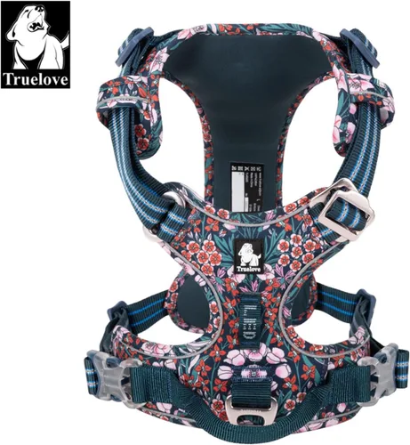 Vista 3 de TRUE LOVE Arnés ajustable sin tirones con clip frontal para perro, reflectante, cómodo, duradero, suave, algodón, chaleco floral con asa TLH5655