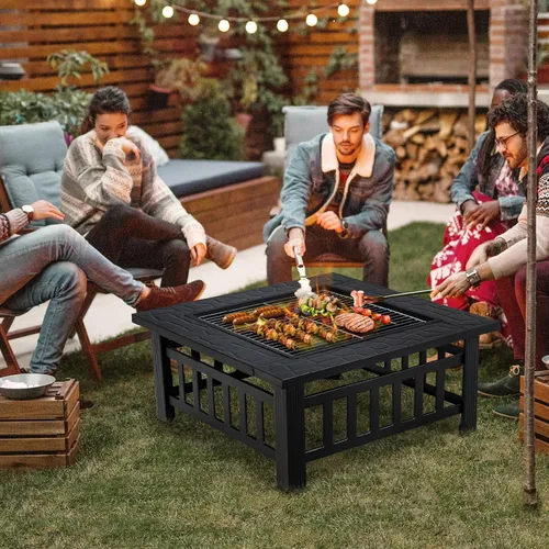 Vista 2 de Giantex Pozo de fuego para exteriores de 32 pulgadas, mesa cuadrada 3 en 1, fogata multifuncional para patio exterior, porche, jardín, estufa