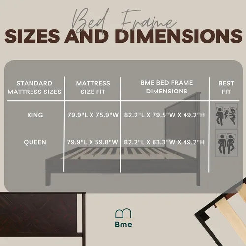 Vista 8 de Bme Ethan - Base de cama Queen con cabecera de diamante, moderna de mediados de siglo, madera de acacia maciza, no necesita somier, se adapta a