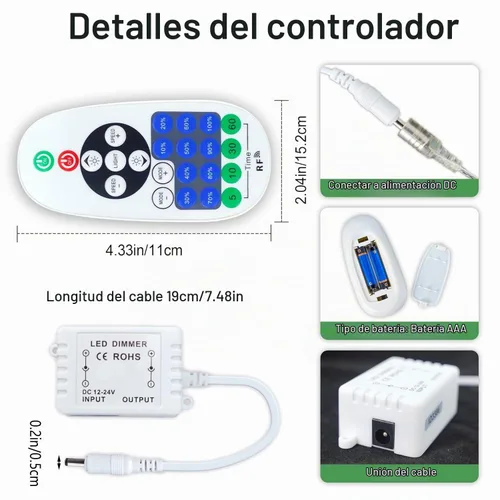 Vista 2 de Control remoto para tira de luces LED de un solo color y letrero de neón, controlador de luz LED regulable de 12-24 V CC con modo de efecto dinámico