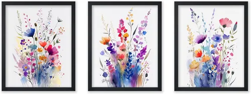 Vista 25 de Poster Master Póster botánico vintage de 3 piezas, estampado floral retro, regalo para artistas, amigos, flores de acuarela, brillante, azul