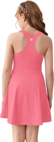 Vista 2 de Haloumoning Vestido de tenis sin mangas para niñas, vestido de golf con espalda cruzada para niños, vestido deportivo escolar con bolsillos cortos