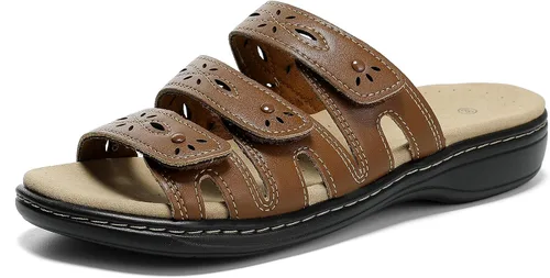 Vista 2 de Sandalias clásicas de cuero para mujer, sandalias casuales con soporte de arco, correas ajustables de gancho y bucle, zapatos para exteriores 2024