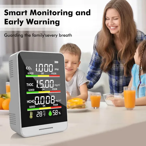 Vista 3 de Monitor de calidad del aire para interiores, probador inteligente de calidad del aire 8 en 1 con CO2, TVOC, HCHO, AQI, temperatura y humedad