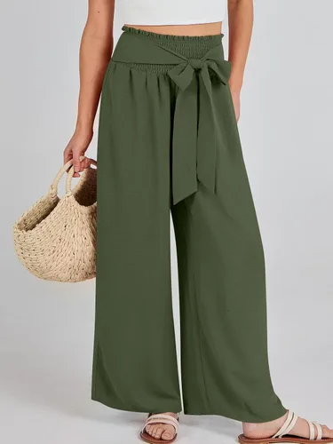 Vista 2 de Caracilia Pantalones de descanso de pierna ancha para mujer con bolsillos, cintura alta, pantalones palazzo largos y fluidos, ajustables, con nudo