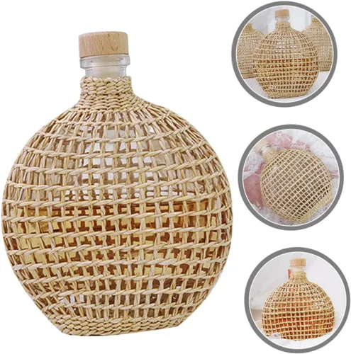 Vista 2 de STOBAZA Jarrón de botella de sidra, diseño tejido de ratán, centro de mesa decorativo elegante para mesa