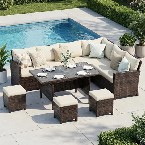 Vista 13 de Wisteria Lane Juego de muebles de patio de 7 piezas, juego de comedor de mimbre con respaldo alto y curvo, para todo tipo de clima, muebles de Gris