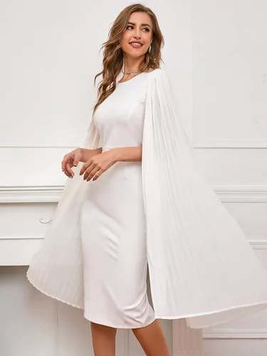 Vista 5 de IWFEV Vestido midi sin mangas liso de manga larga con cuello redondo y patchwork a media pierna para mujer
