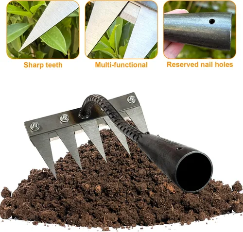 Vista 4 de Ironrake - Rastrillo de hierro resistente, 1 rastrillo de hierro para jardinería y deshierbe con 5 púas de metal, rastrillo de deshierbe