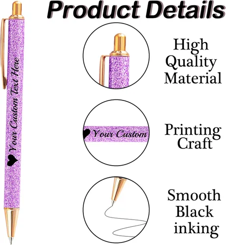 Vista 3 de Bolígrafos con purpurina personalizados con nombre, bolígrafos bonitos y bonitos personalizados, bolígrafos retráctiles de tinta negra, suministros