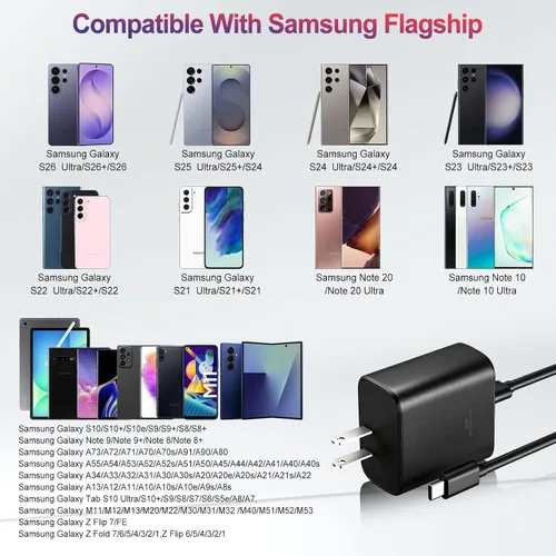 Vista 3 de Cargador súper rápido de 60 W, cargador Samsung para teléfono Android, paquete de 2 cargadores USB C bloque de carga rápida y cable USB C de 10 pies