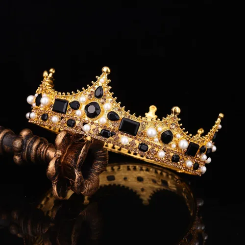 Vista 4 de FORSEVEN Corona de rey para hombre, tiaras de boda de perlas de cristal, para fiesta de cumpleaños, coronas redondas de Navidad Negro