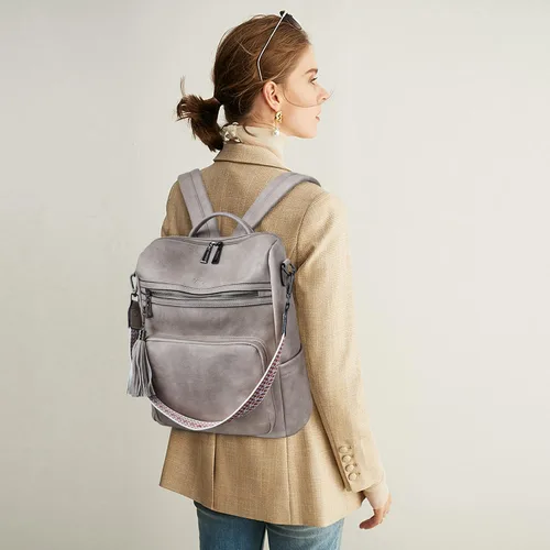 Vista 8 de OPAGE - Mochila de cuero para mujer, con borla de moda, bolso de hombro, mochila grande, bolsa de viaje, gris, L