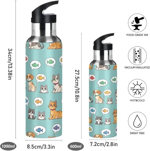 Vista 2 de BPA-Free Sports Water Bottle with Straw 32 Oz, Stainless Steel Vacuum Insulated Water Bottle for Gym Outdoor Travel School, Cartoon Cats Dogs