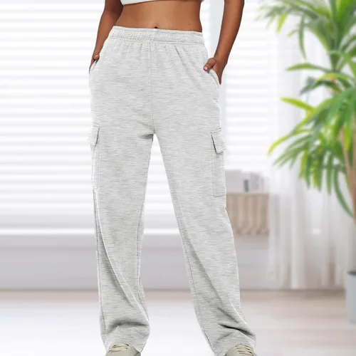 Vista 4 de BBIQI Pantalones deportivos tipo cargo para mujer, pierna ancha, holgados, pierna recta, cintura alta, pantalones deportivos casuales con bolsillos