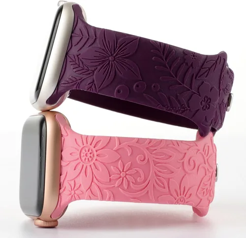 Vista 2 de Correa deportiva de silicona con grabado floral compatible con Apple Watch de 1.575 in, 1.614 in, 1.496 in, 1.654 in, 1.732 in, 1.772 in y 1.929 in