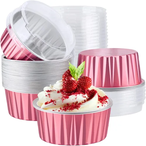 Vista 32 de EUSOAR Moldes desechables de papel de aluminio con tapas, 30 piezas de 5 onzas (4.2 fl oz) de papel de aluminio para magdalenas, tazas para hornear