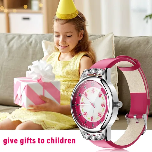 Vista 3 de PASNEW Reloj analógico clásico de cuarzo para niños, impermeable, con esfera de flores, correa de cuero