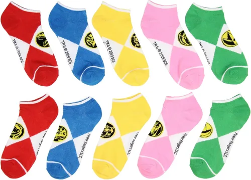 Vista 2 de Bioworld Calcetines Power Rangers para adultos diseño de personajes para adultos paquete de 5 calcetines de tobillo que no se ven Varios