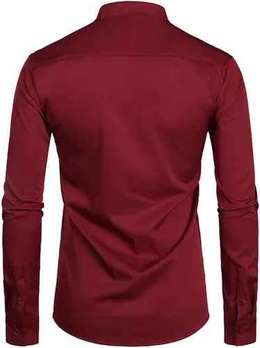 Vista 2 de Camisa de vestir para hombre, cuello mandarín, manga larga, informal, con botones, con bolsillo