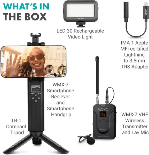Vista 3 de Movo iVlog8 - Kit de vlogging para iPhone/Smartphone con sistema inalámbrico VHF integrado, luz de video LED, soporte de trípode, equipo de vlog