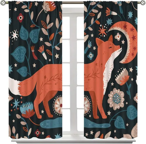 Vista 8 de Cortinas opacas de dibujos animados de animales de bosque naranja, zorro, flores, luna, hojas azules, arte abstracto, niños y niñas, decoración