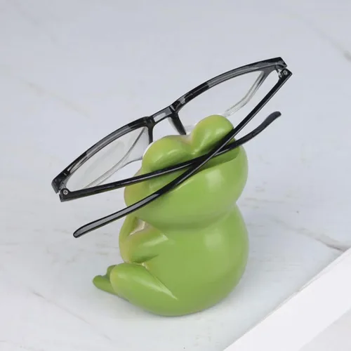 Vista 6 de Lindo soporte para lentes de estatua de rana pensante, divertida estatua de rana de resina, escultura única de gafas de sol para mesita de noche