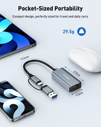 Vista 8 de Adaptador USB a Ethernet, Gigabit Ethernet a USB C, adaptadores de red Rj45 a USB, adaptador Ethernet de 1000 mbps, compatible con laptop, MacBook