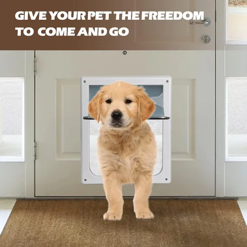 Vista 6 de Puerta corredera interior con solapa para perros, 2 maneras de bloqueo para mascotas, puerta de cristal con solapa transparente