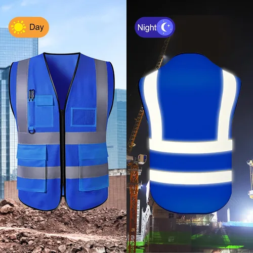 Vista 5 de Chaleco de seguridad personalizado con logotipo, texto, nombre, alta visibilidad, bolsillos y cremallera, a granel para mujeres y hombres Class 2