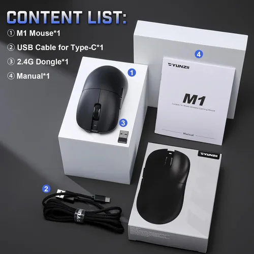 Vista 9 de YUNZII Ratón inalámbrico para juegos M1, mouse para juegos trimodo 2.4G/BT/cable, sensor PAW3311 10000 DPI recargable con 5 botones programables