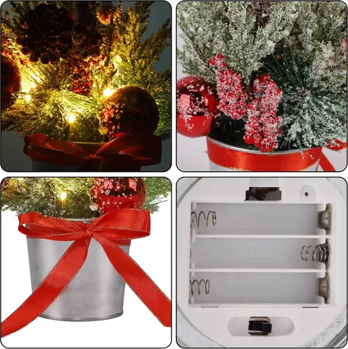 Vista 7 de Prsildan 2 piezas de decoración de mesa de Navidad árbol artificial con cono de pino y bayas rojas, mini árbol de nieve flocado con luces LED