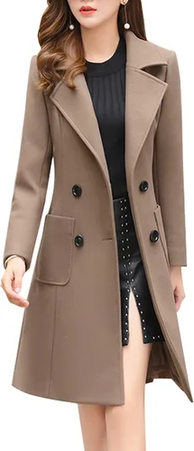 Vista 15 de chouyatou - Abrigo elegante cruzado de mezcla de lana para mujer, cuello con doble solapa de muesca Verde militar