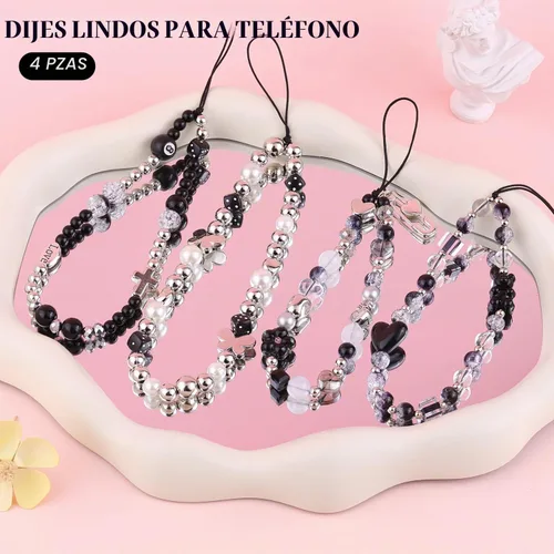 Vista 2 de 4 piezas de lindos encantos para teléfono con estilo Y2K, correa de muñeca para celular con cuentas brillantes, oso, cruz, corazón, accesorios