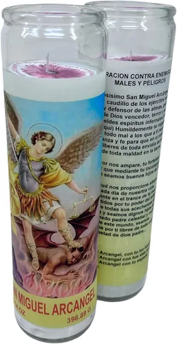 Vista 6 de San Miguel Arcangel 14 oz vaso grande una pieza oración vela de una pieza 14 oz de alto vidrio oración al reverso en español Blanca sin aroma