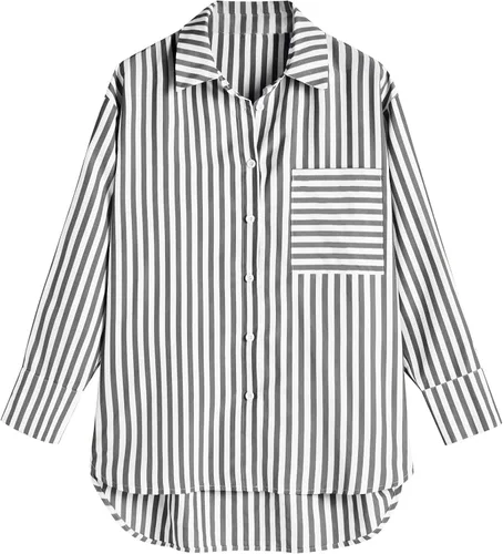 Vista 4 de ZAFUL Camisas a rayas con botones para mujer, manga larga, elegante, cuello en V, blusas con bolsillos