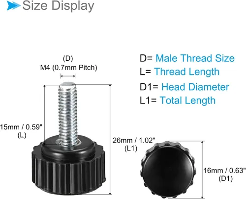 Vista 2 de Perillas de sujeción moleteadas, rosca macho M4 x 0.591 in, cabeza de 0.630 in, perno de agarre de tornillo de pulgar de plástico termoestable
